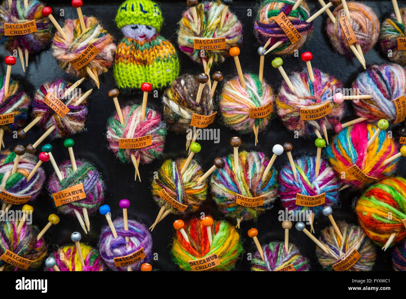 Closeup views of crafts and souvenirs in the shops of Dalcahue, Chile ...