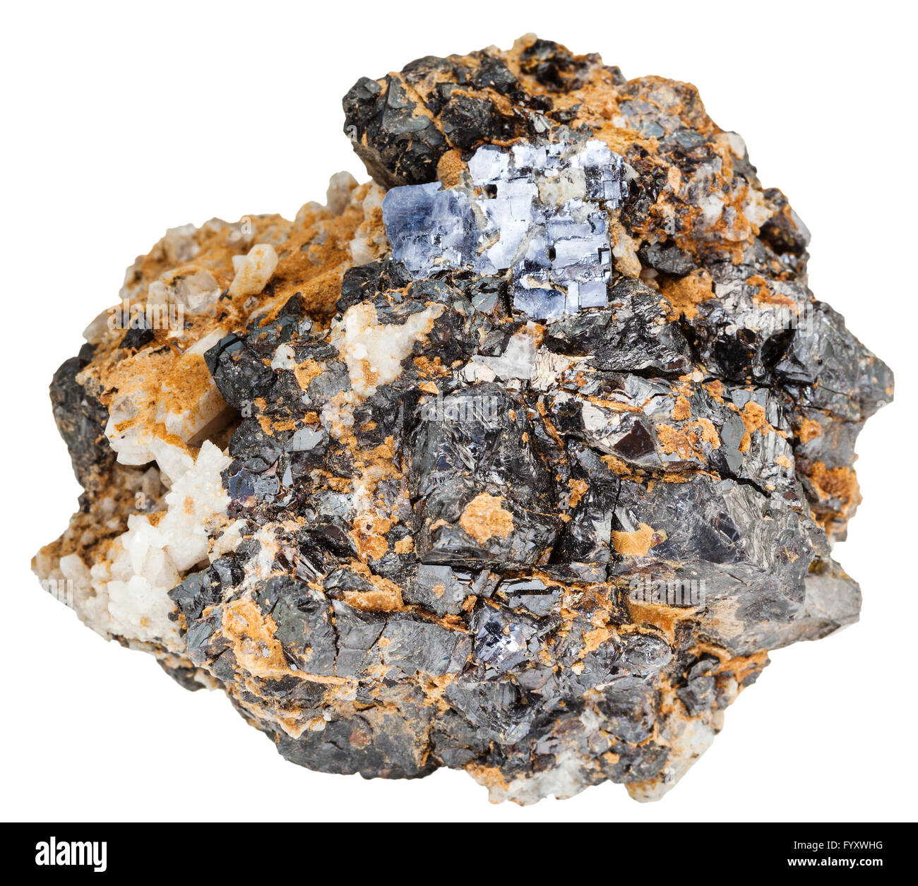 macro shooting of natural mineral stone - Galena (lead glance) and Sphalerite Marmatite (zinc blende) minerals on dolomite rock Stock Photo