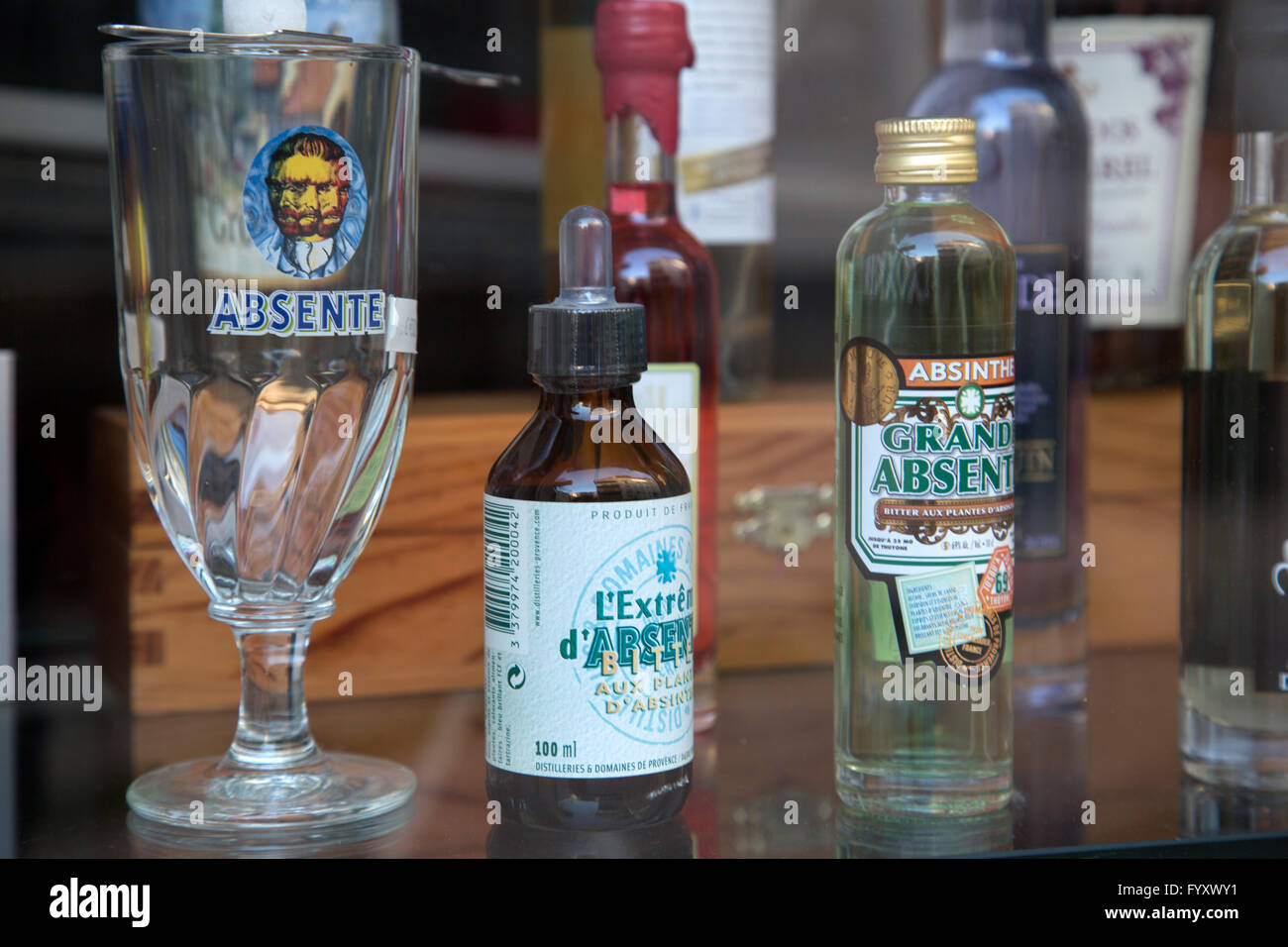 Absinthe Bottles for Sale in Shop in Avignon, France Stock Photo