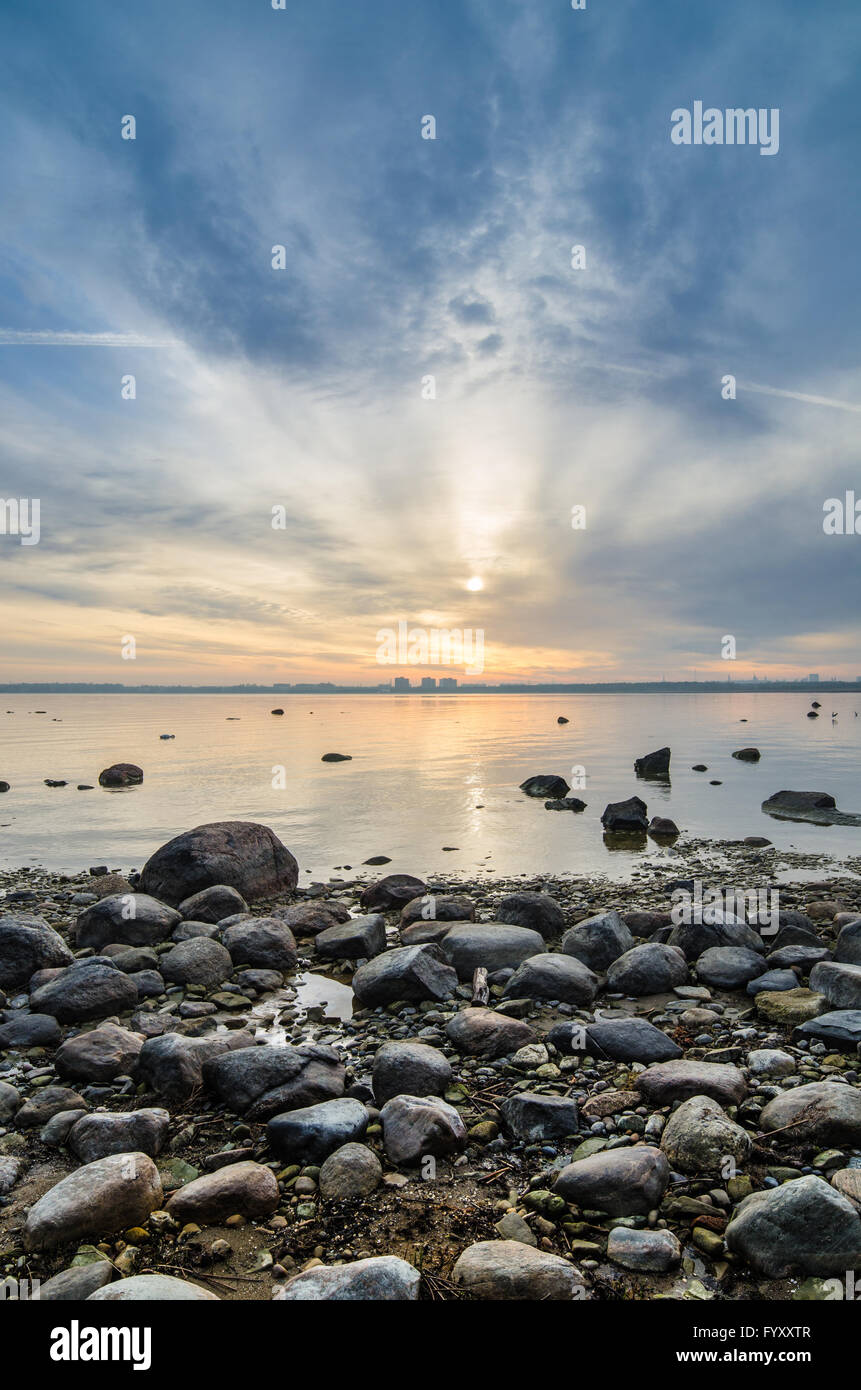 Beautiful sunrise on the sea. Views of Tallinn Stock Photo - Alamy