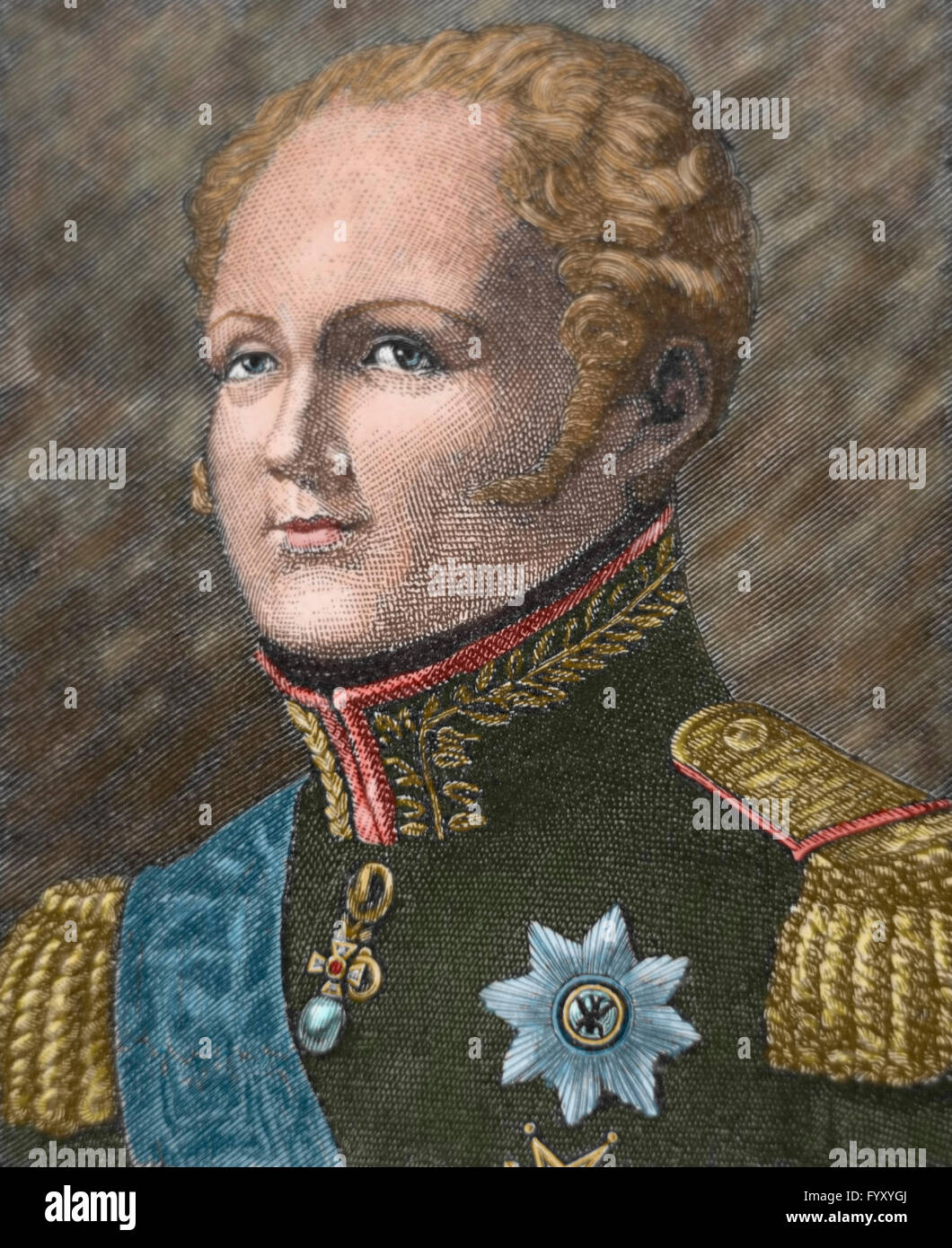 Alexander I of Rusia (1777-1825). Emperor of Russia (1801-1825), the first King of Poland (1815-1825) and the first Russian Grand Duke of Finland. Portrait. engraving. 19th century. Colored. Stock Photo