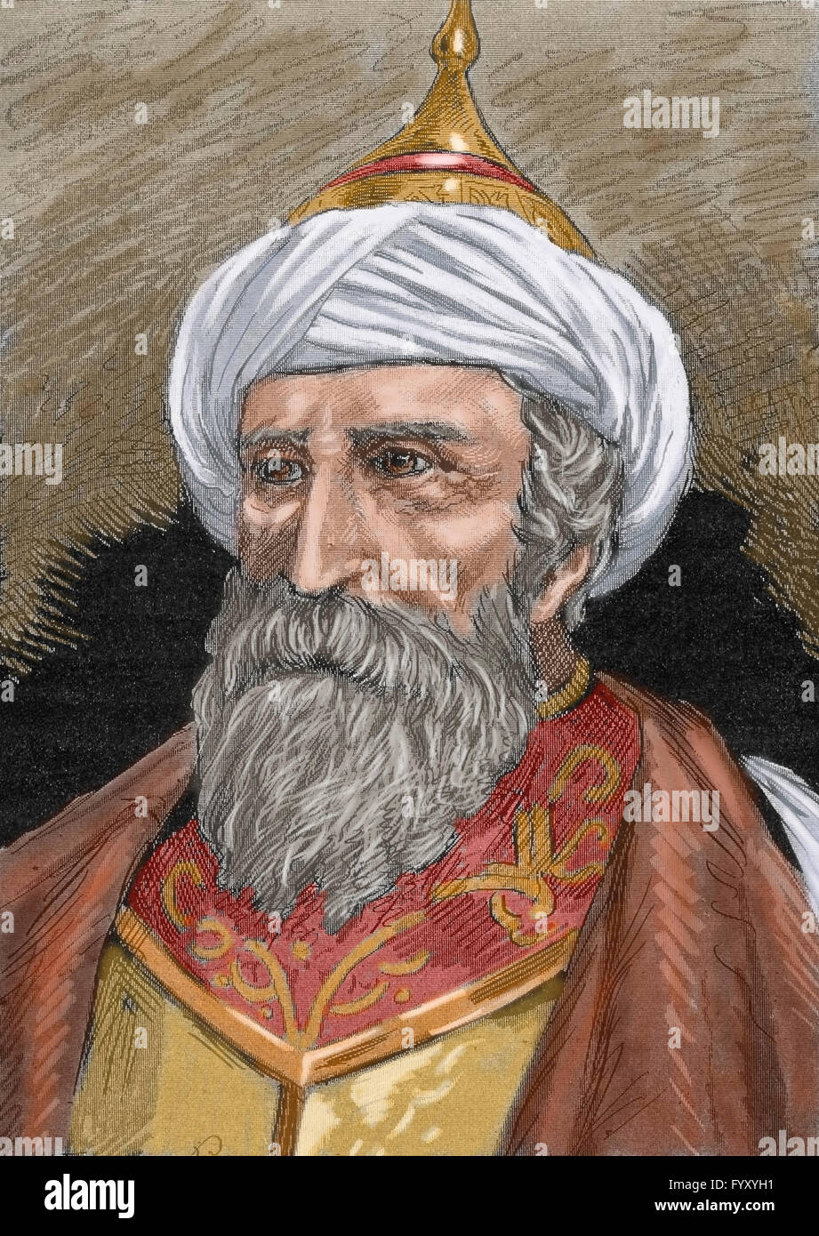 Muezzinzade Ali Pasha, also known as Sofu Ali Pasha, Sufi Ali Pasha or Meyzinoglu Ali Pasha (d.1571). Ottoman statesman and naval officer. He was Kapudan Pasha (Grand Admiral) in command of the Turkish fleet at the naval Battle of Lepanto, where he was killed in action. Portrait. Engraving. Colored. Stock Photo