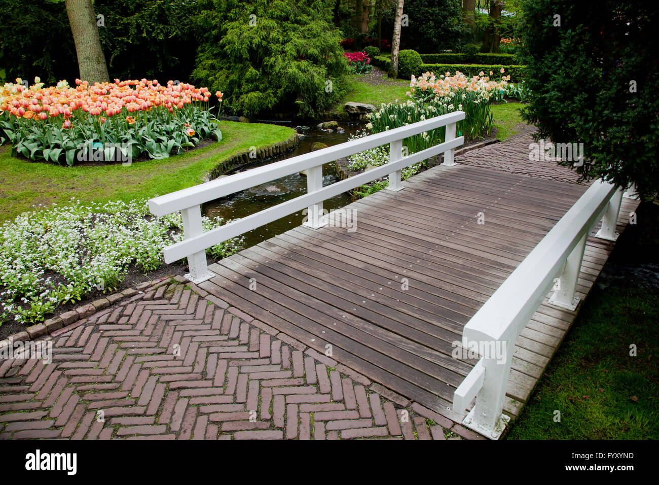 Colorful spring summer park, bridge Stock Photo - Alamy
