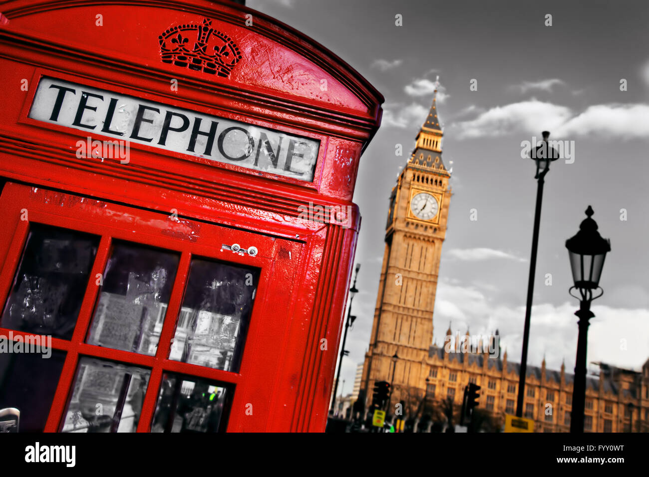 Red telephone booth and Big Ben in London Stock Photo