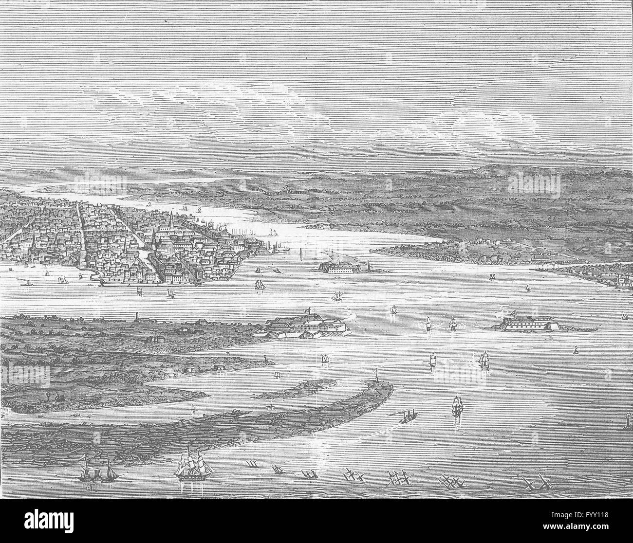 CHARLESTON: Civil War: Harbour: Forts & sunken ships, antique print c1880 Stock Photo