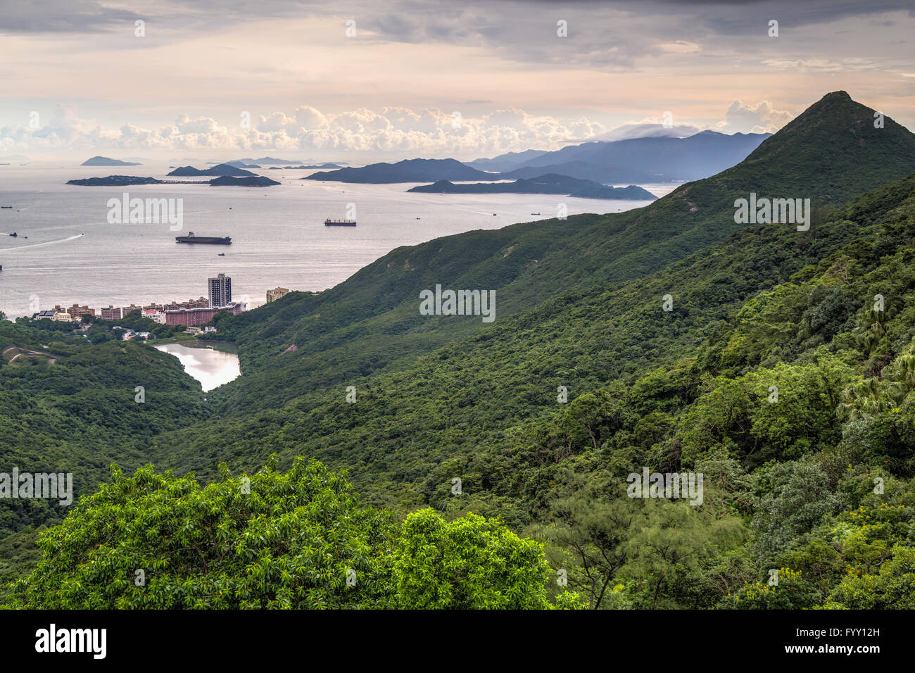Sea seen from Victoria Peak, Hong Kong during sunset Stock Photo