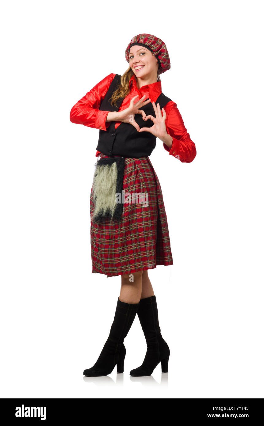 Funny woman in scottish clothing on white Stock Photo - Alamy