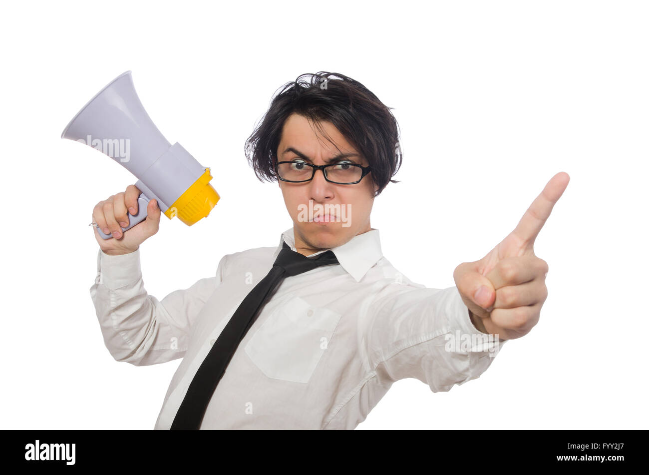 Angry man with loudspeaker isolated on white Stock Photo - Alamy