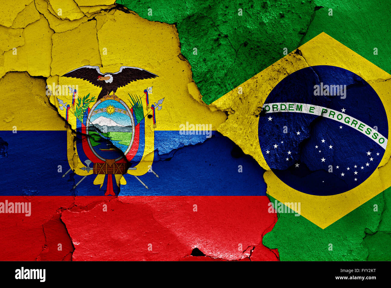 Flags Of Ecuador And Brazil Painted On Cracked Wall Stock Photo Alamy