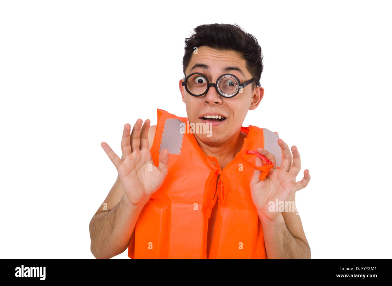 Funny man wearing orange safety vest Stock Photo Alamy