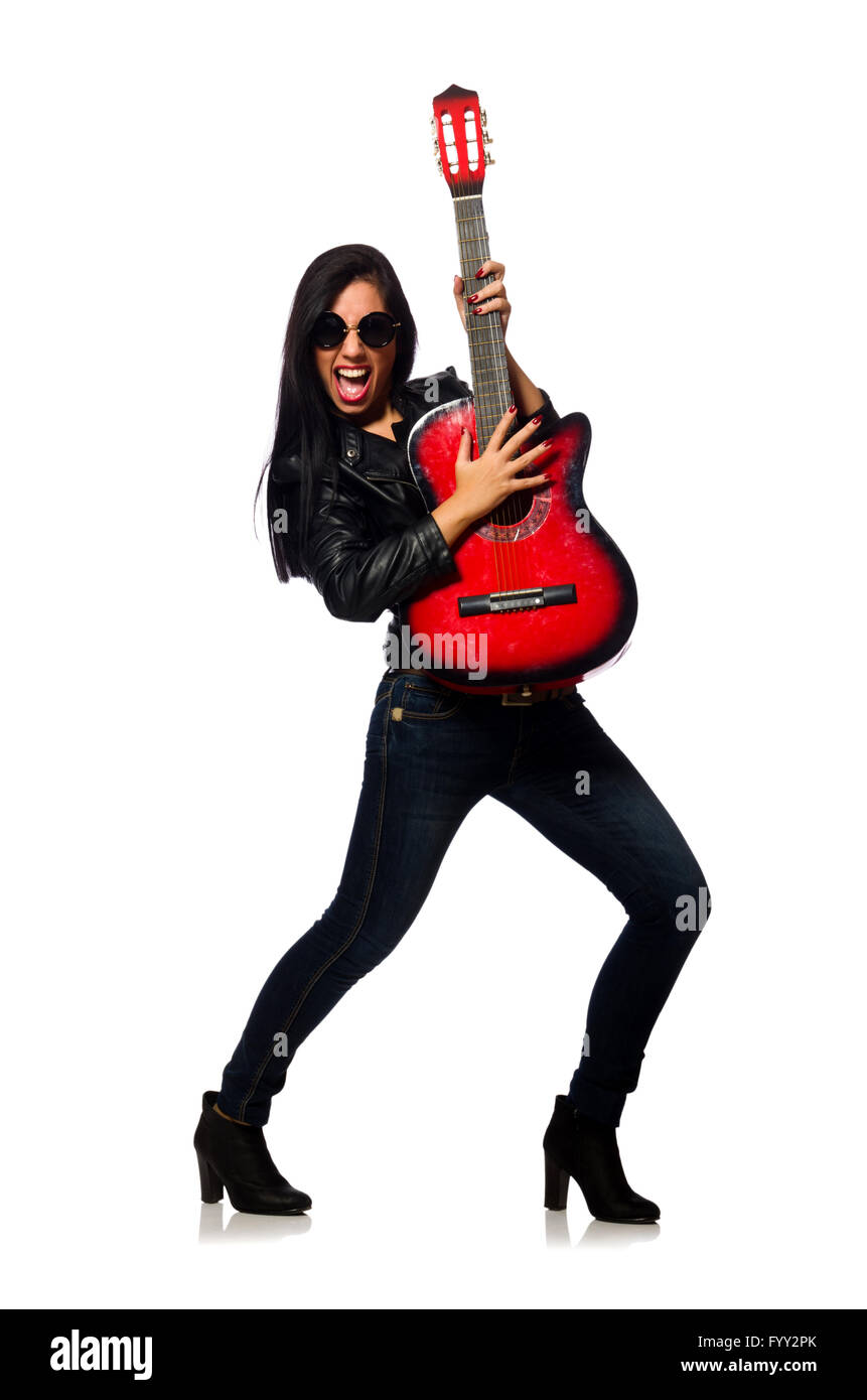 Woman playing guitar isolated on white Stock Photo - Alamy