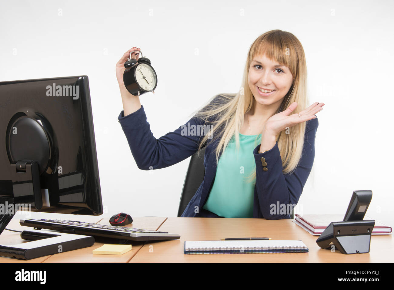 Office is pleased that a specialist working day is finished Stock Photo