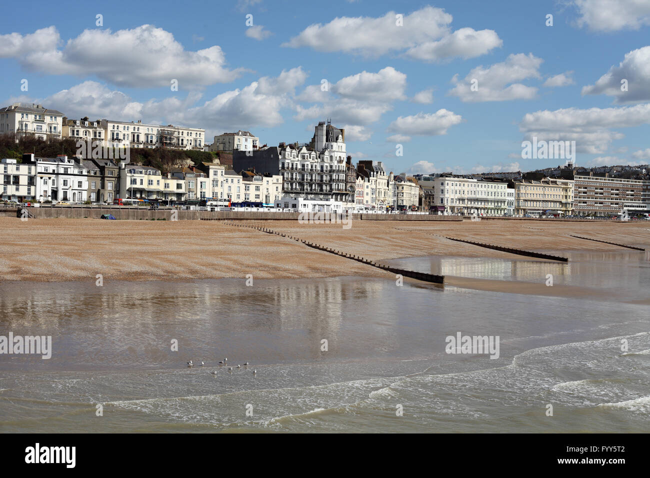 Hastings eastern seafront viewed from the pier, Hastings, East Sussex, UK Stock Photo