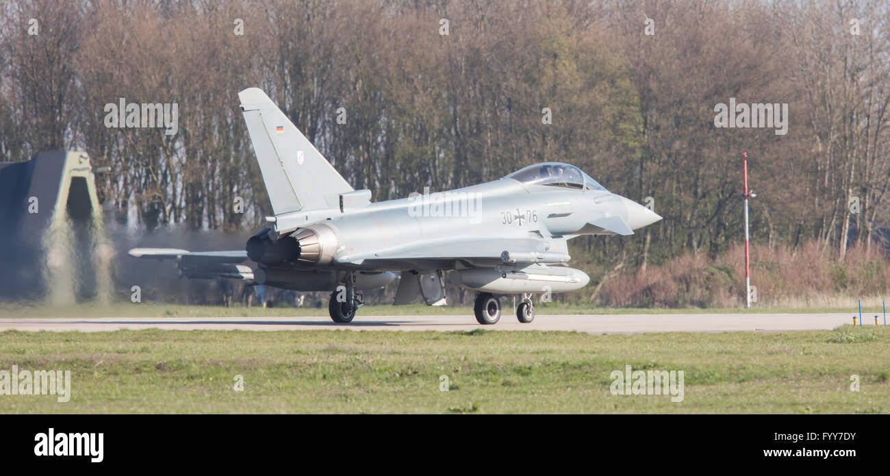 LEEUWARDEN, NETHERLANDS - APRIL 11, 2016: German Air Force Eurofighter landing during the exercise Frisian Flag. The exercise is Stock Photo