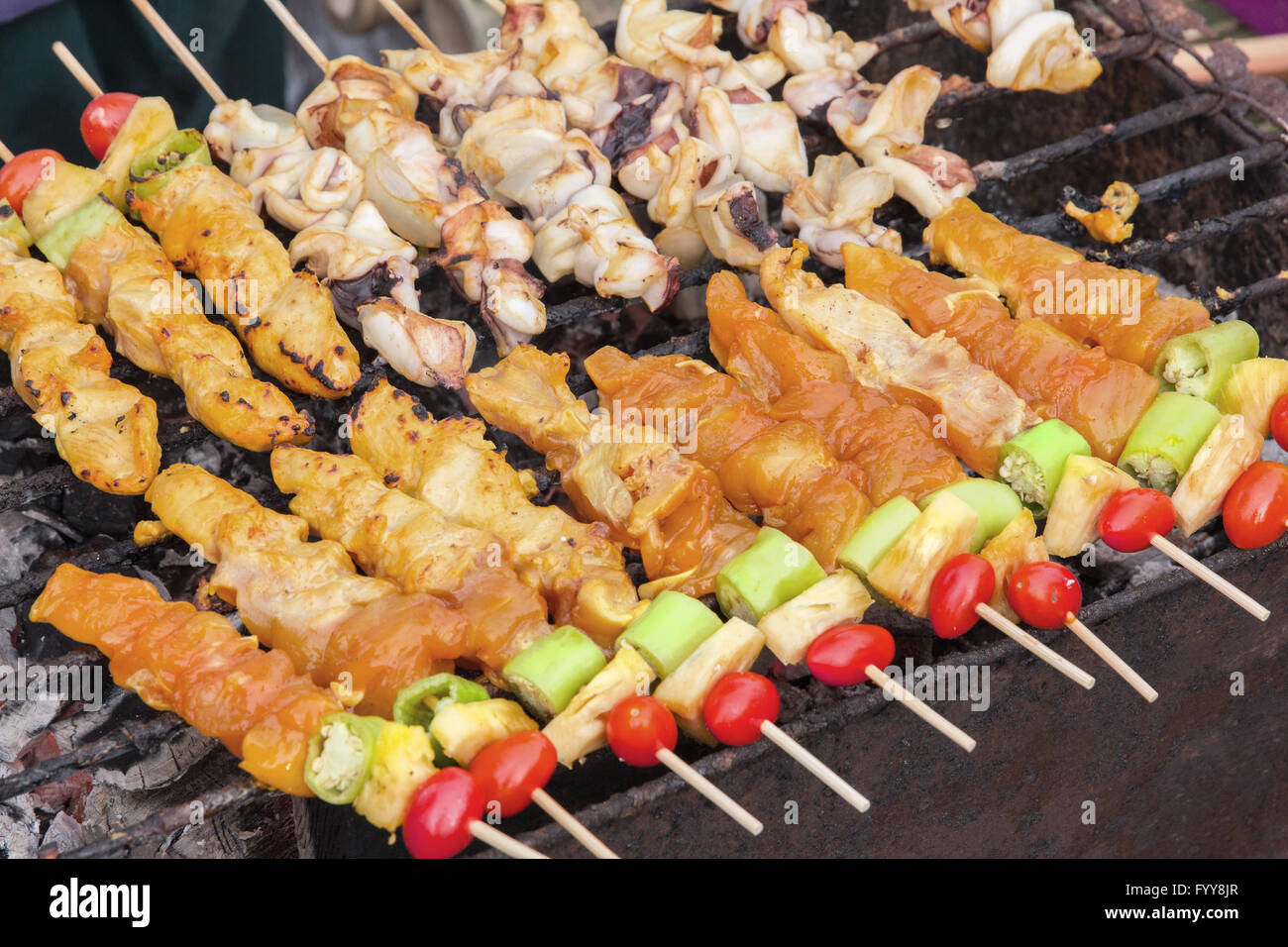 Thai street food BBQ on hot fire Stock Photo