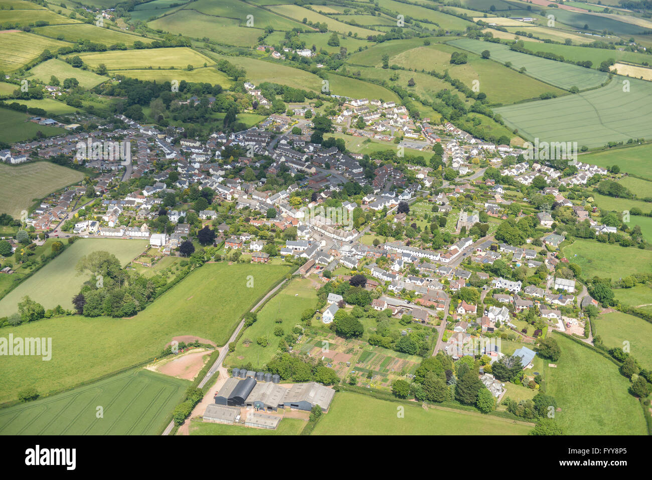 An aerial view of the village of Silverton and surrounding Devon countryside Stock Photo