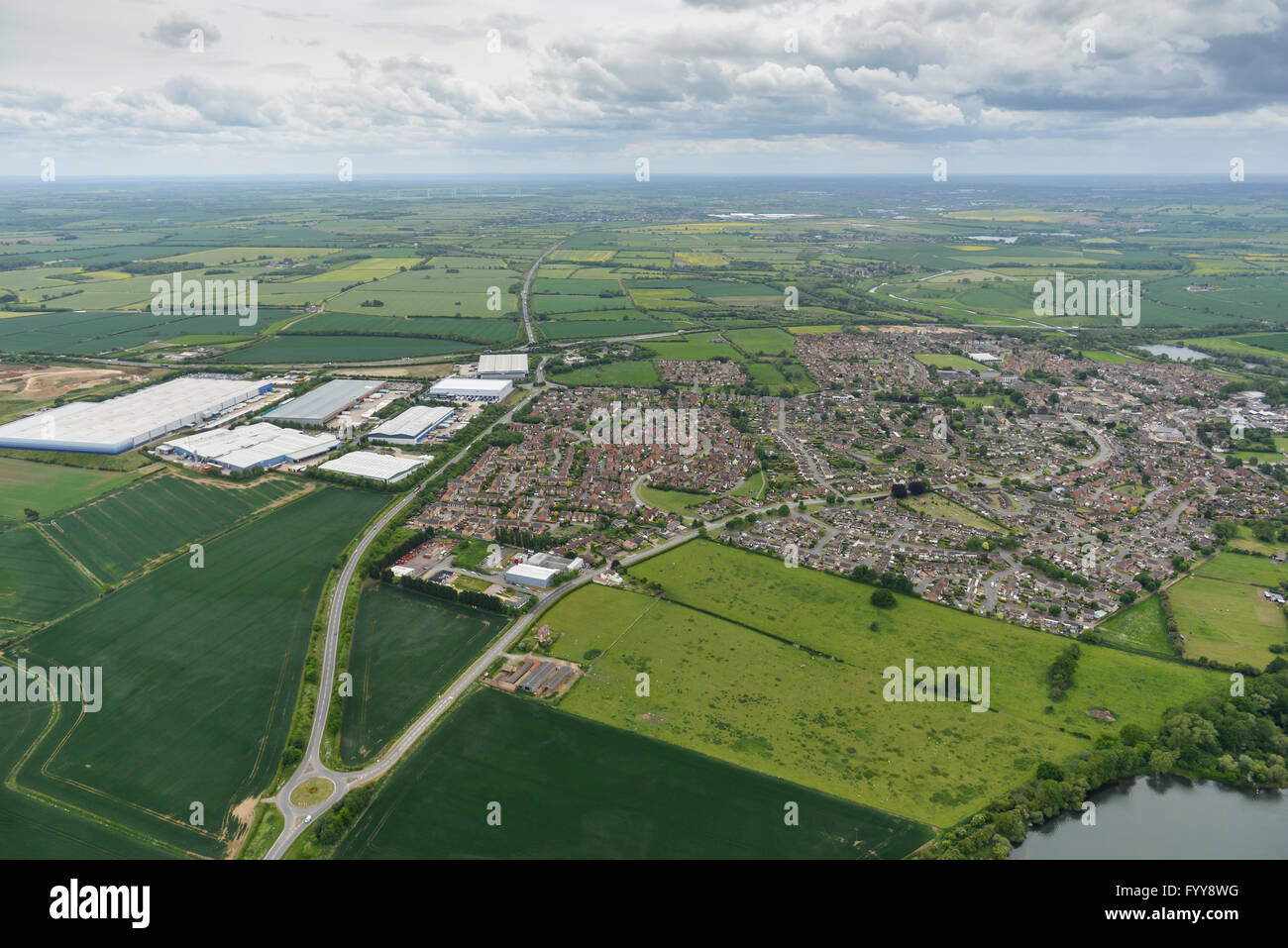 An aerial view of Thrapston, Northamptonshire, also visible is the Haldens Parkway business centre Stock Photo