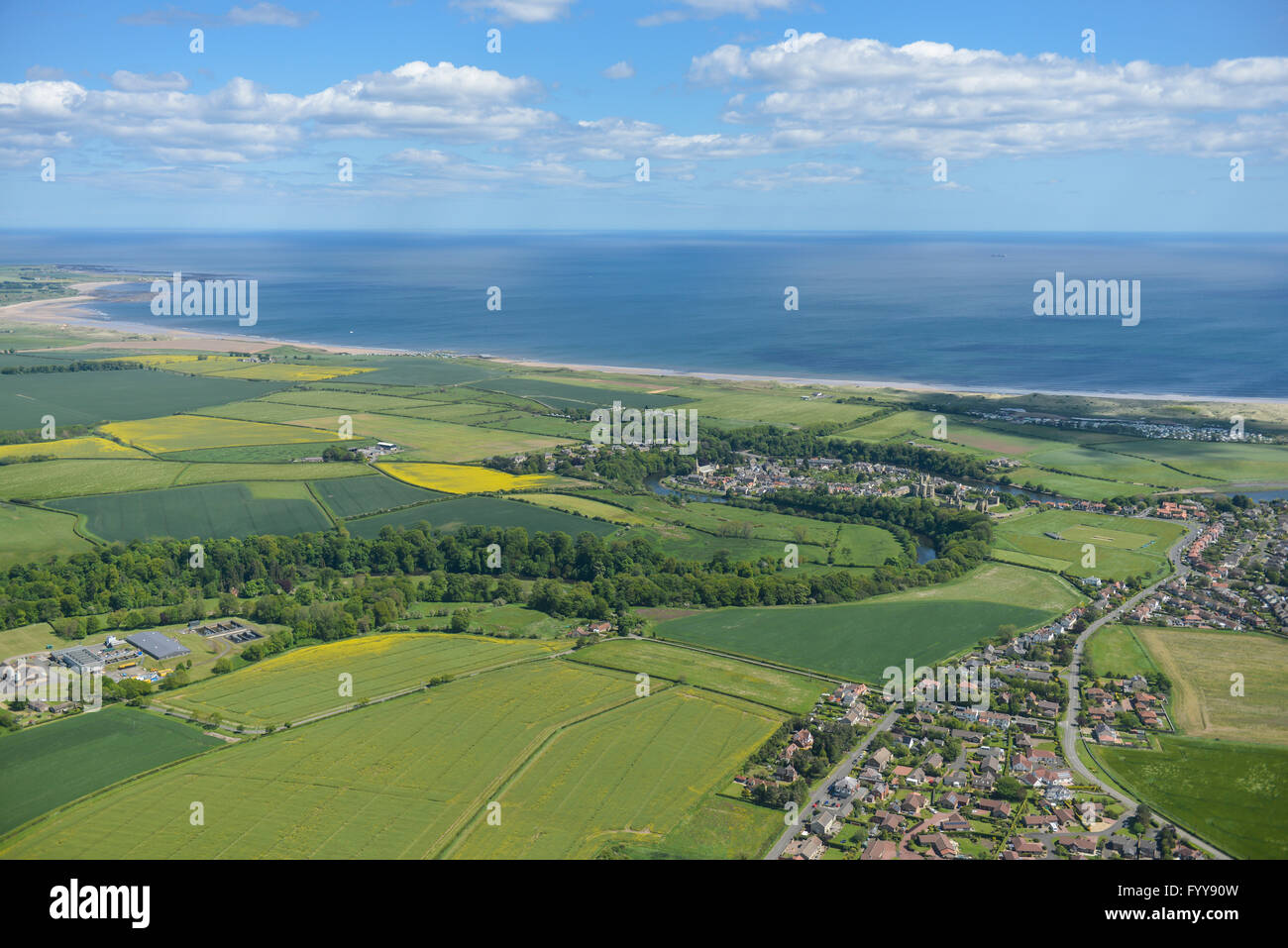 A scenic aerial shot of the Northumberland coastline and countryside close to Warkworth Stock Photo