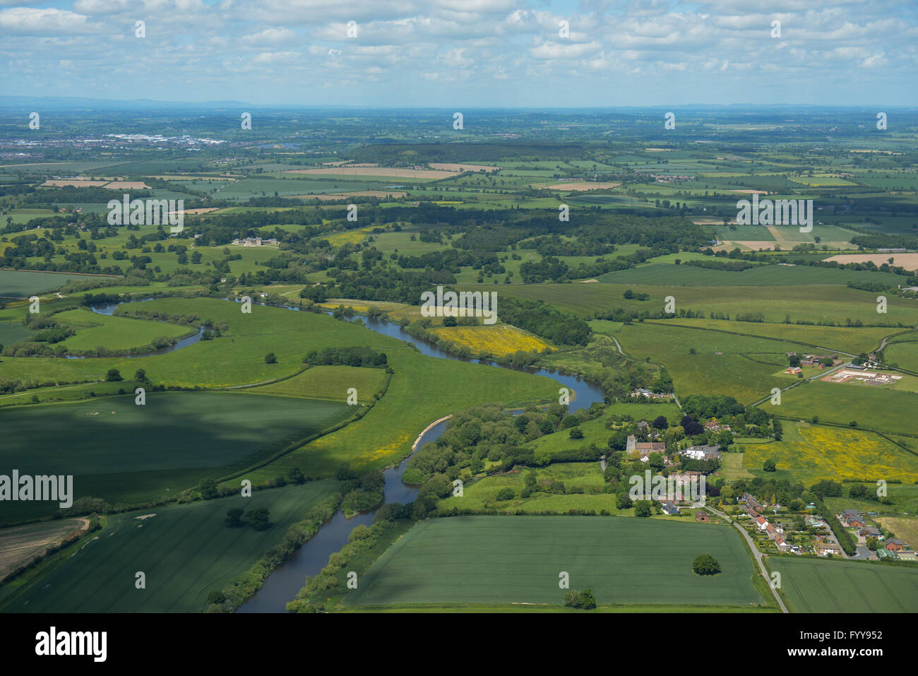 An aerial view of the Shropshire countryside with the village of ...