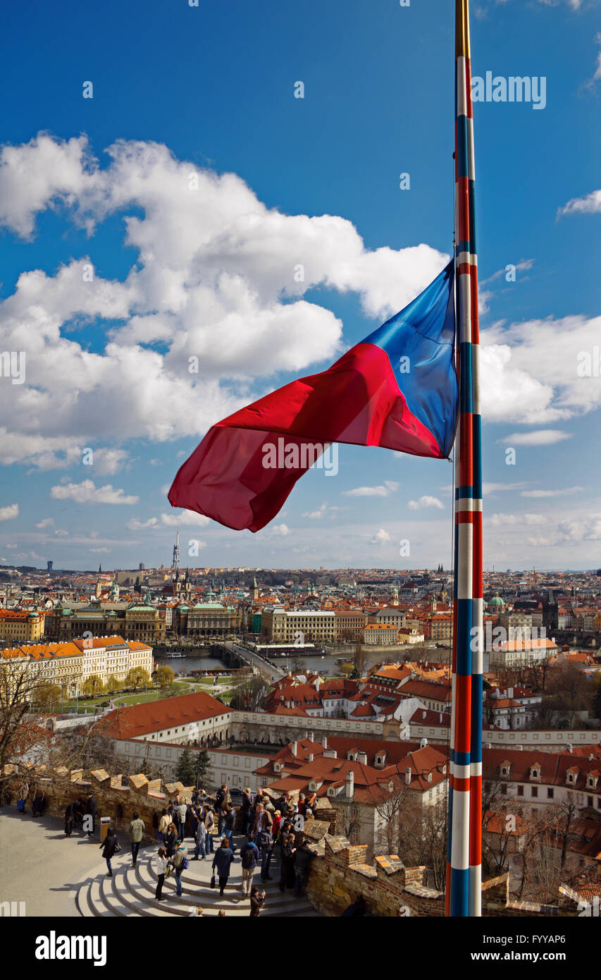 Czech flag fluttering in the background of the old city of Prague Stock Photo