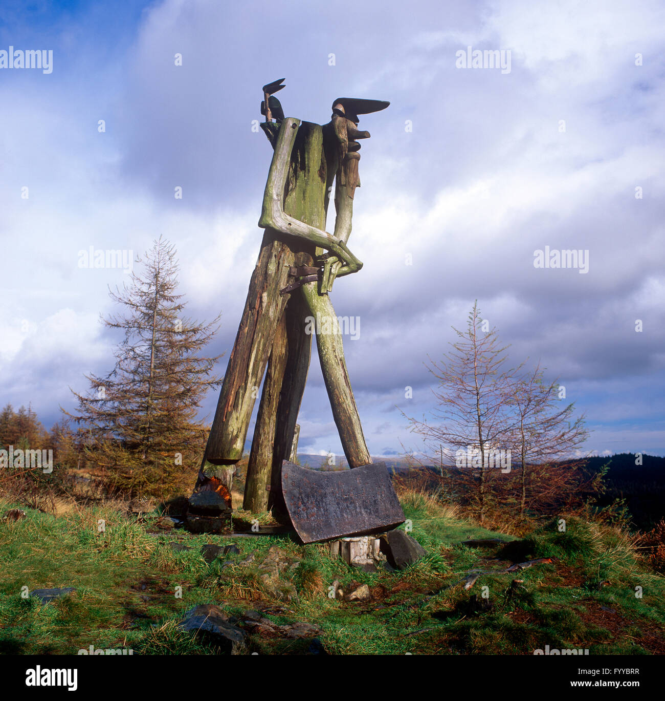 Axe-man sculpture Grizedale Forest Park Lakes Cumbria, outside. Stock Photo