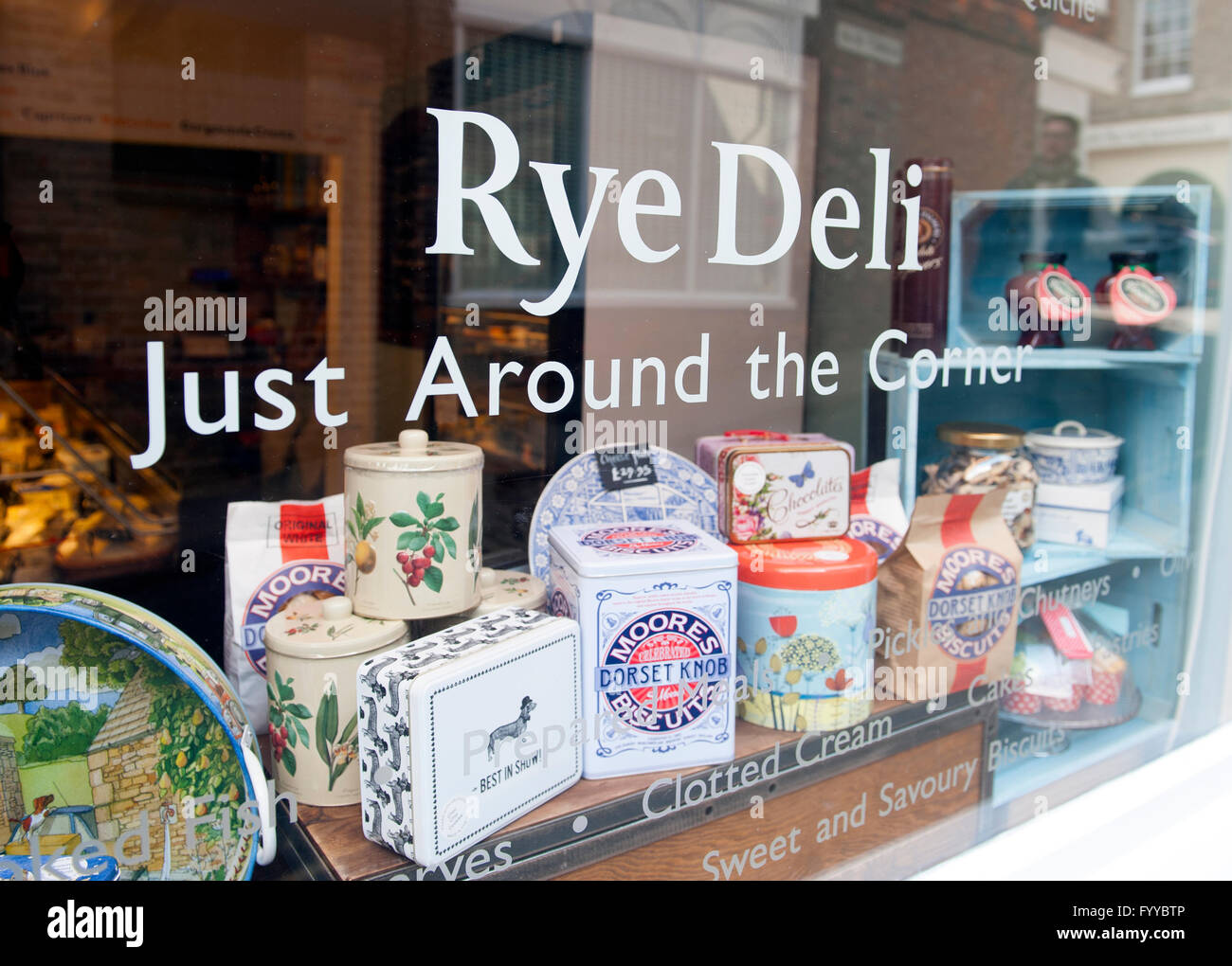 Window display in a delicatessen shop in Rye, Sussex, UK Stock Photo