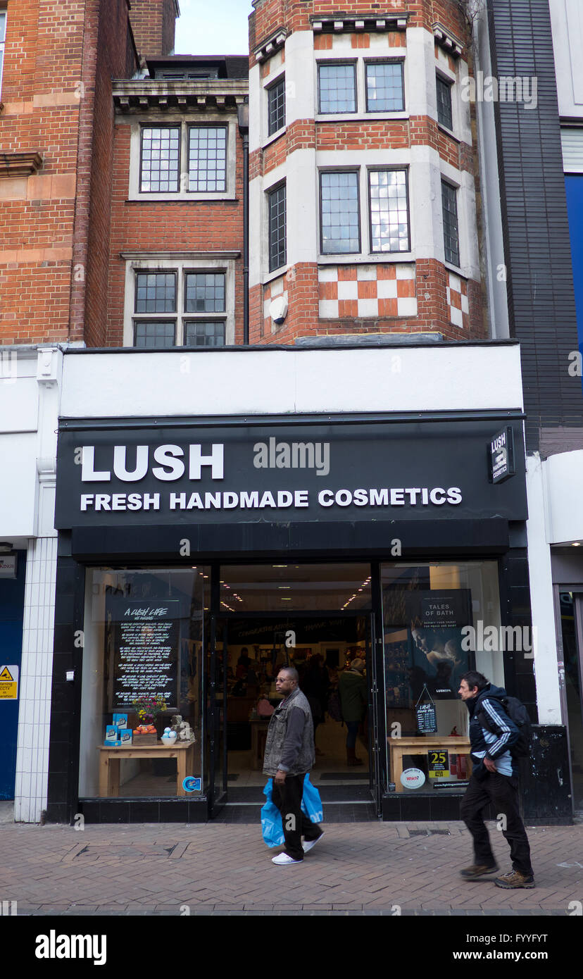 View of the shopfront of the fresh handmade cosmetics and beauty store LUSH  in Broadmead in Bristol with two women shoppers walking out of the door  Stock Photo - Alamy