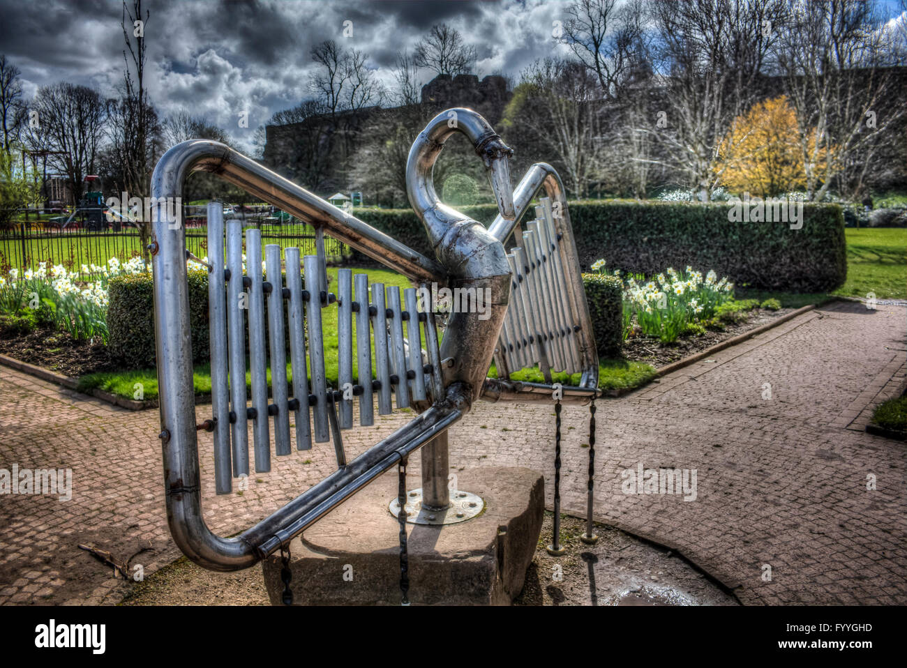 Swan shaped musical instrument sculpture in Bitts Park, Carlisle Stock Photo
