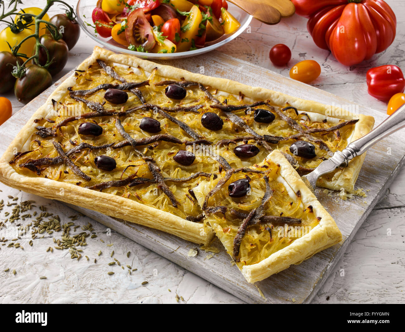 Onion anchovy and black olive tart hires stock photography and images