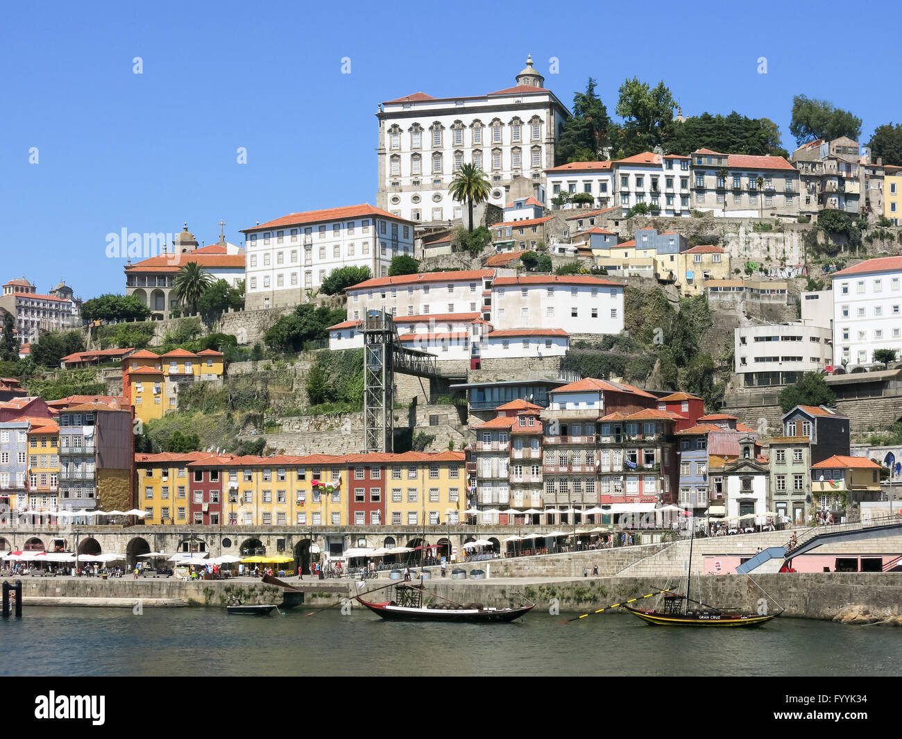 Ribeira District and quay alongside Douro River, Porto, Portugal Stock Photo