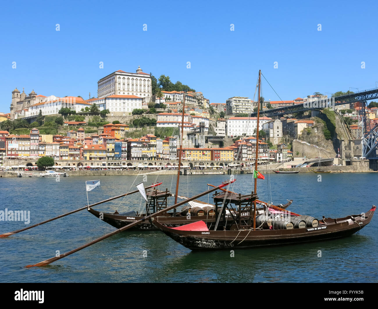 Traditional rabelo boats on Douro River and Ribeira District, Porto, Portugal Stock Photo