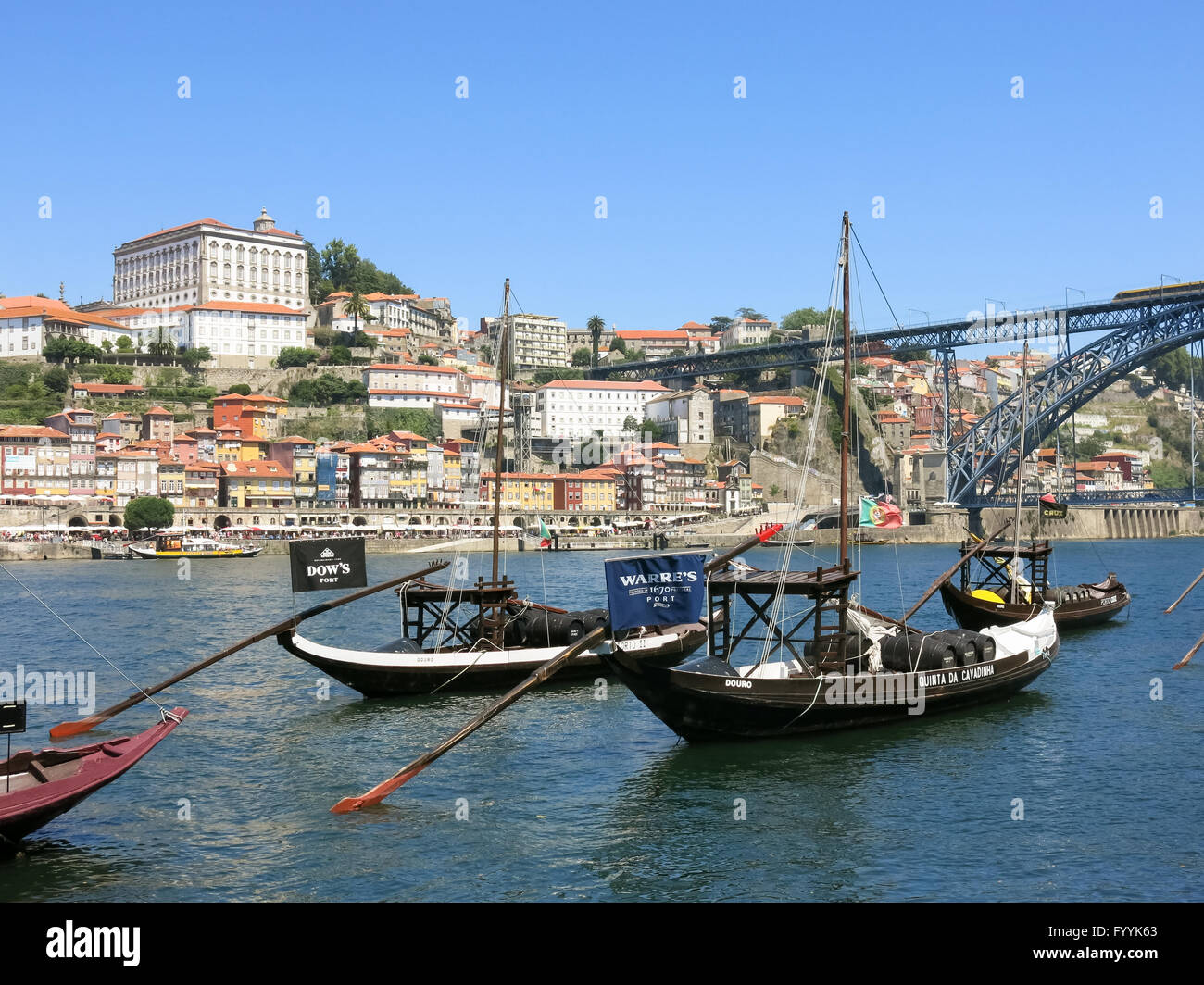 Douro River with traditional rabelo boats and Ribeira District across ...