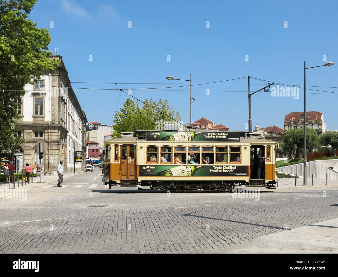 Vintage tramcar of heritage tram line system in the city of Porto, Portugal Stock Photo