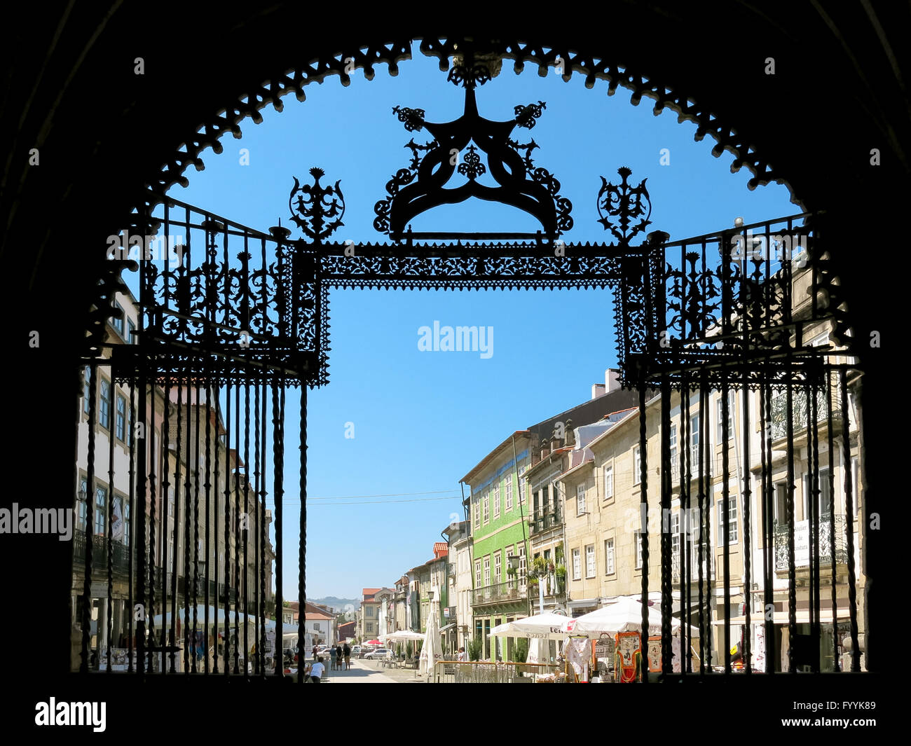 View of Dom Paio Mendes street from entrance of Braga Cathedral in Portugal Stock Photo