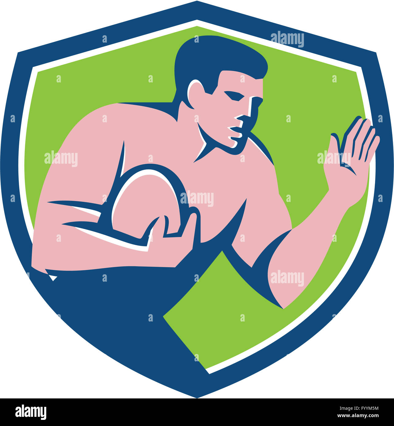 Rugby Player Ball Fend Off Shield Retro Stock Photo Alamy