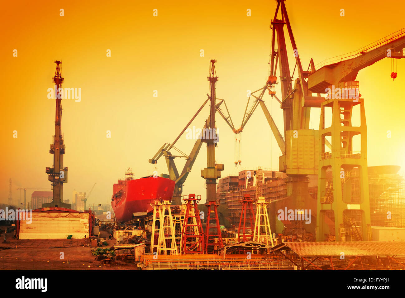 Cranes in historical shipyard in Gdansk Stock Photo