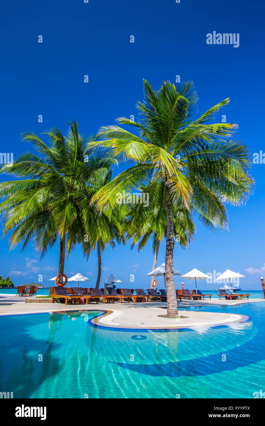 Swimming pool on beach of tropical island Stock Photo