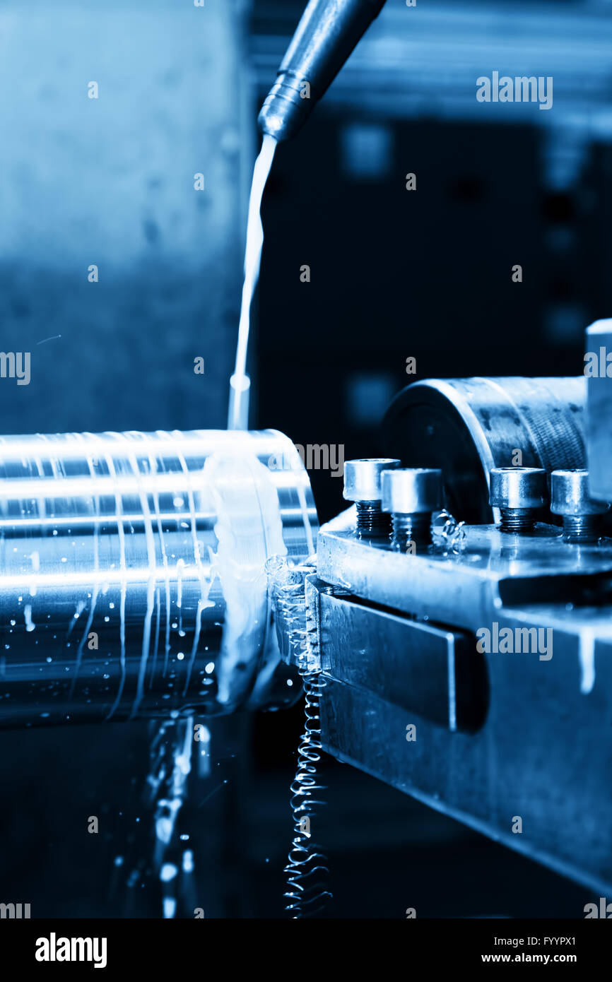 Industrial turning machine at work close-up Stock Photo