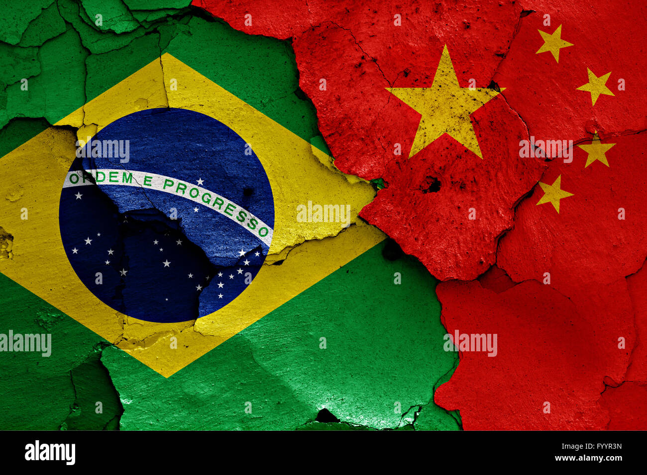flags of Brazil and China painted on cracked wall Stock Photo - Alamy