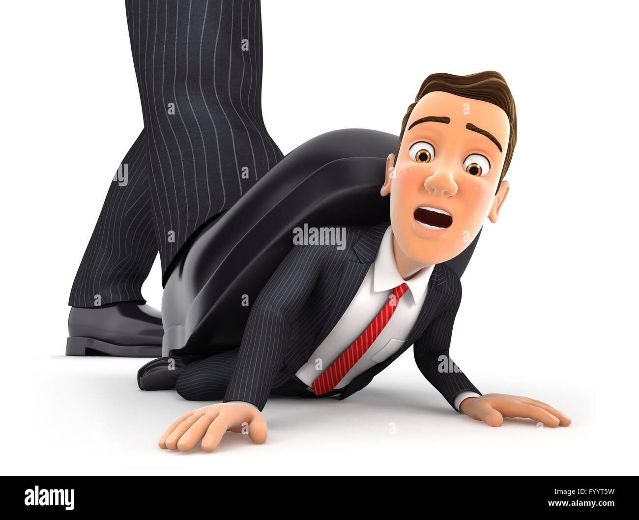 3d big foot crushing businessman, isolated white background Stock Photo