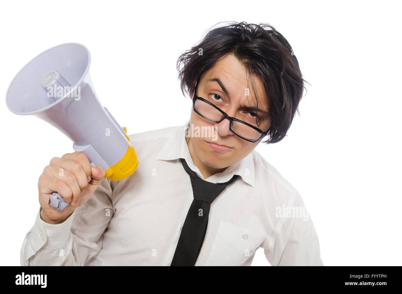 Angry man with loudspeaker isolated on white Stock Photo - Alamy