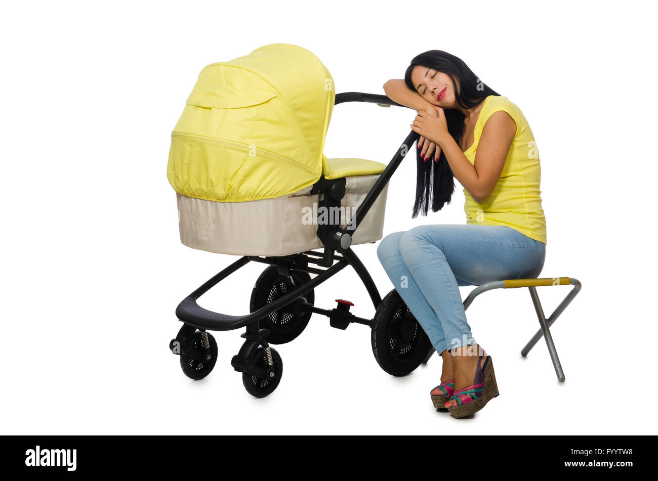 Young mom with baby and pram Stock Photo
