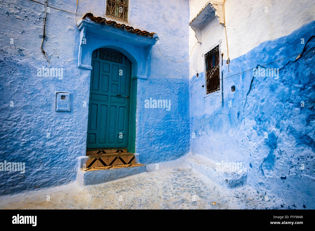 Detail of a door and window in the town of Chefchaouen, in Morocco Stock Photo