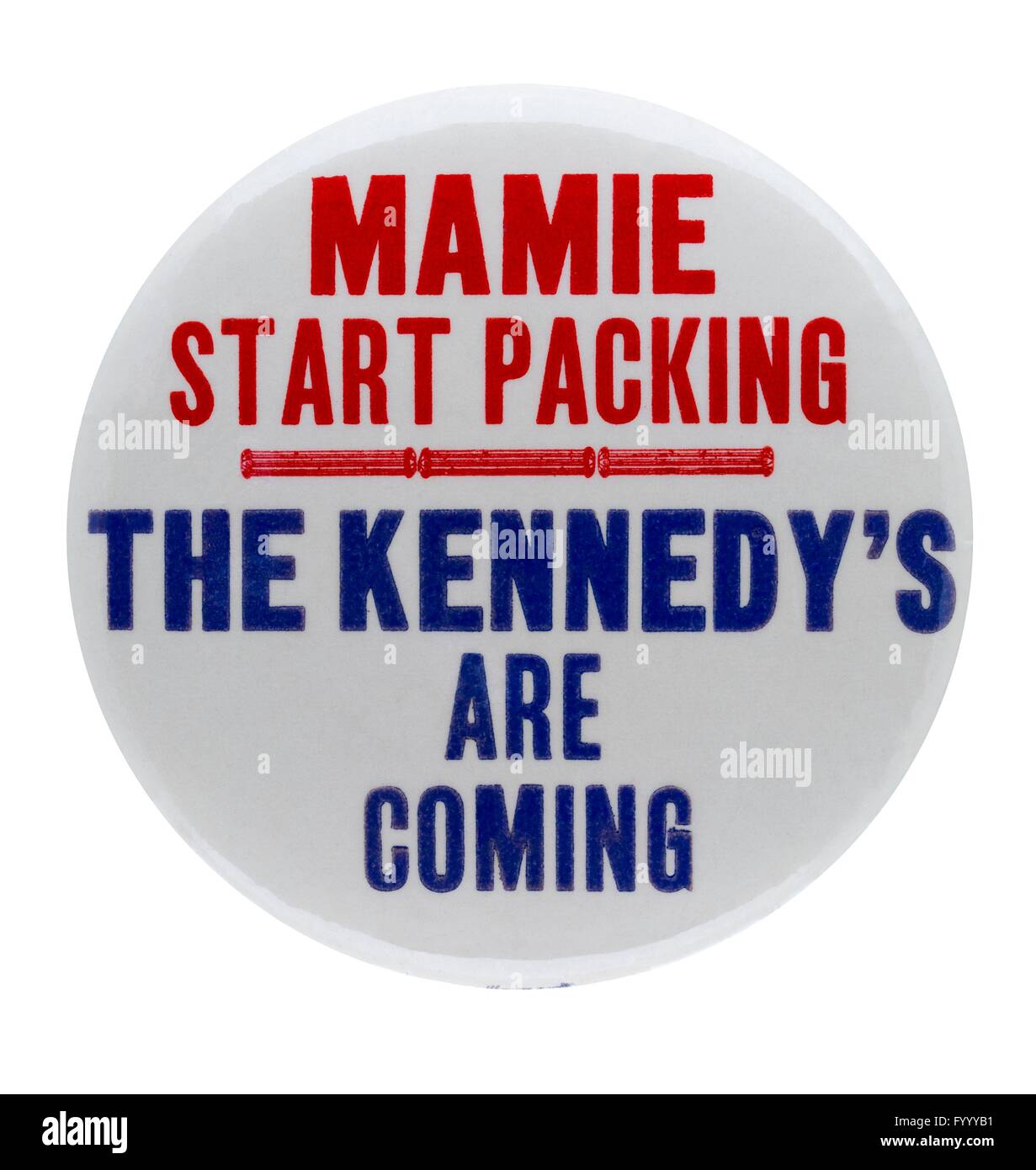 A 1960 humorous US presidential campaign button that makes reference to First Lady Mamie Eisenhower – “Mamie Start Packing' Stock Photo
