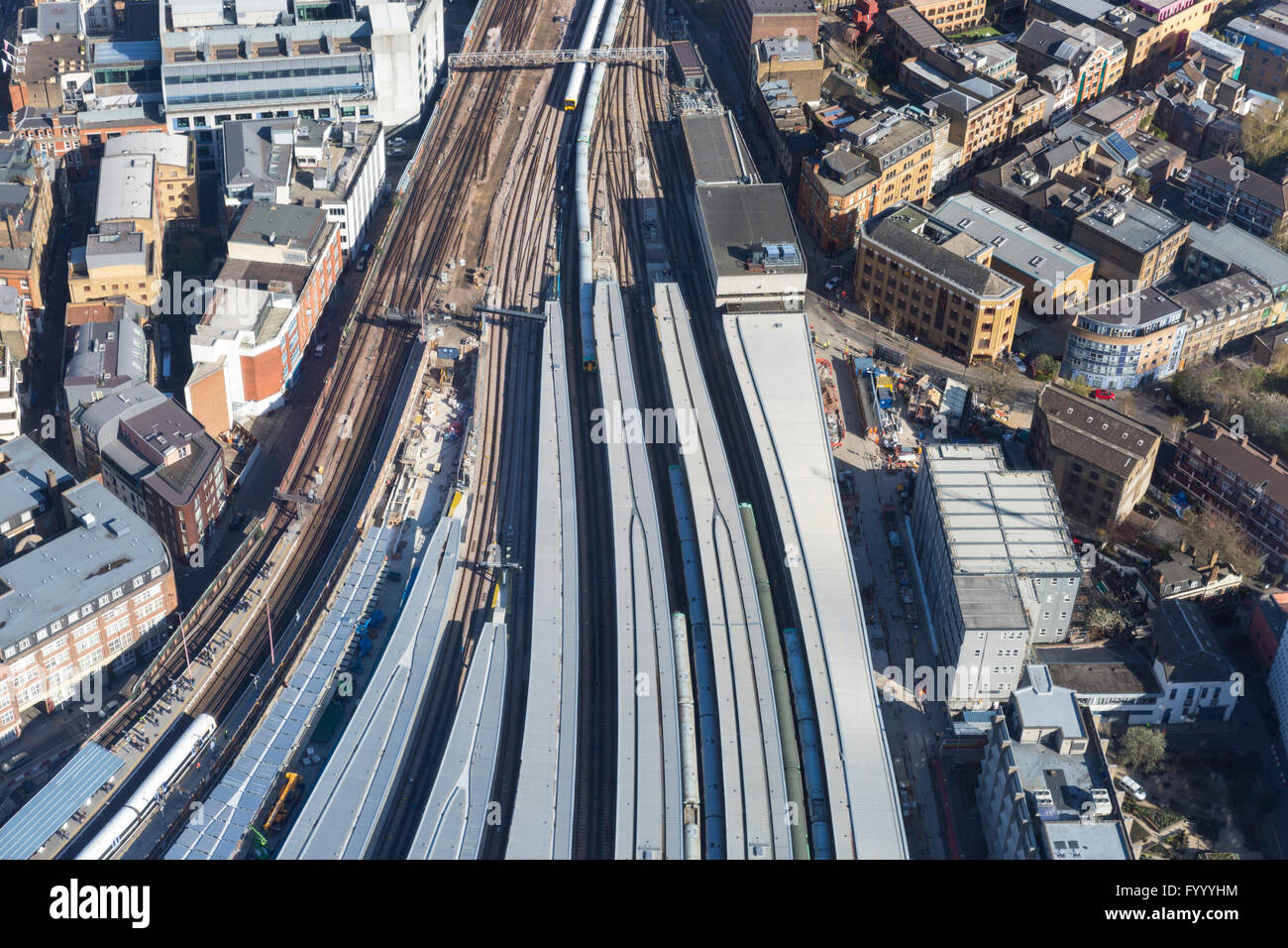 Aerial view - London Bridge train Station platforms and rail track construction work from above Stock Photo