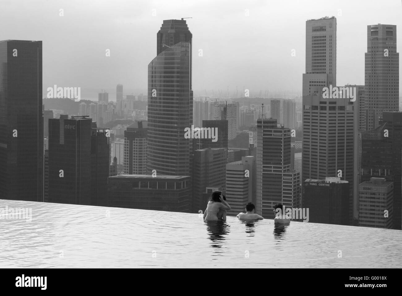 Tourists swimming in the infinity pool at Marina Bay Sands, Singapore