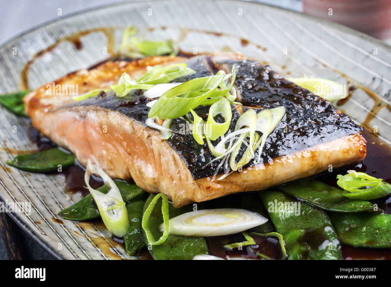 Salmon Teriyaki with Vegetable Stock Photo