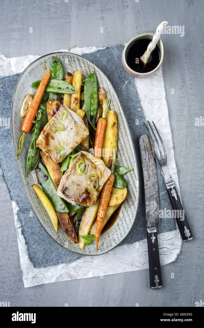 Coalfish Filet Teriyaki with Vegetable Stock Photo