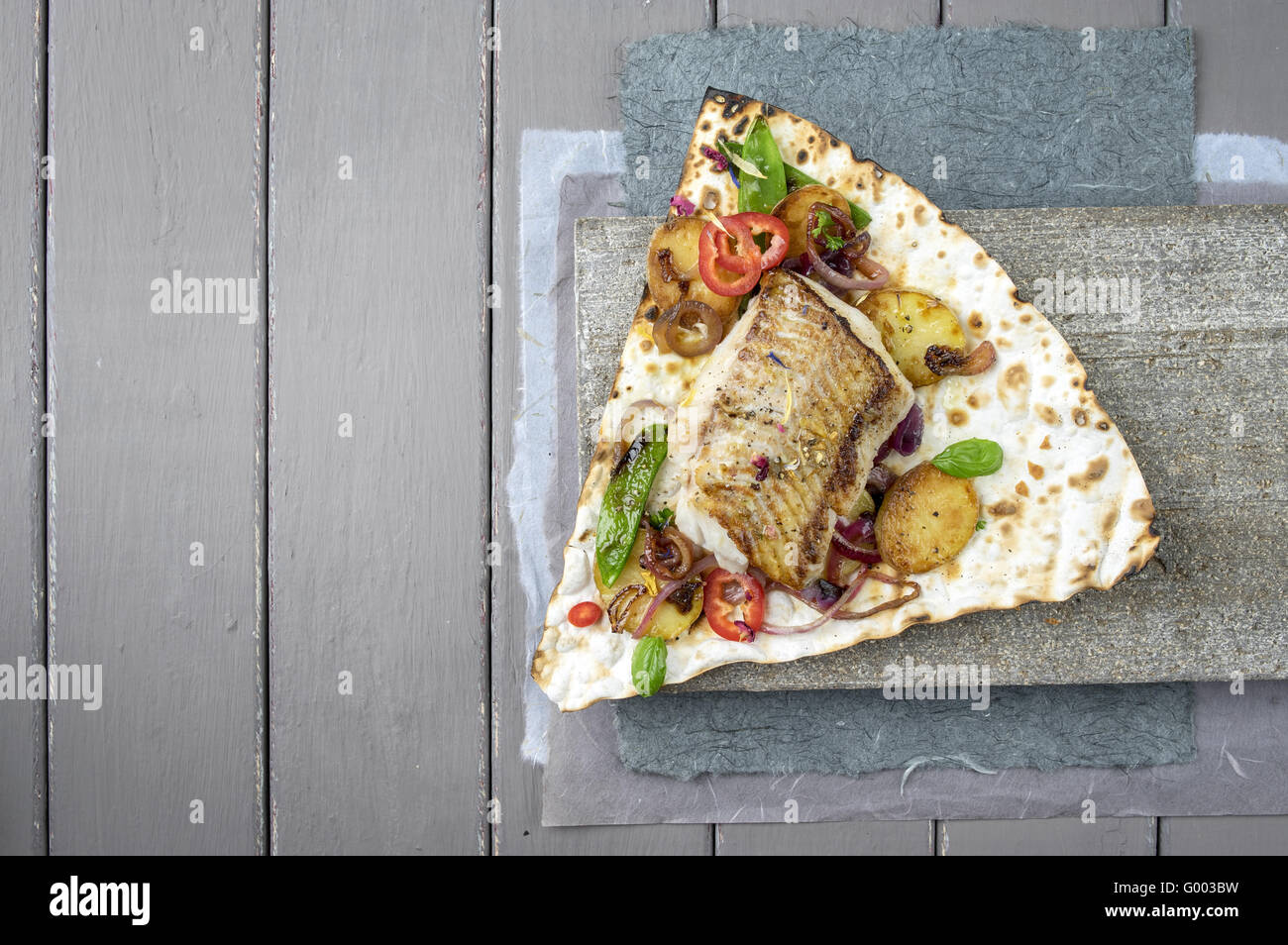 Coffish Filet with Vegetable on Yufka Bread Stock Photo
