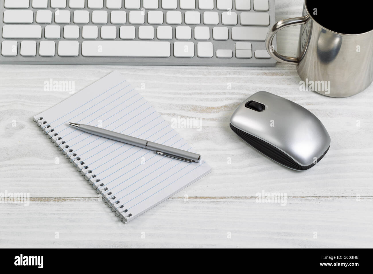 White desktop with daily work objects Stock Photo